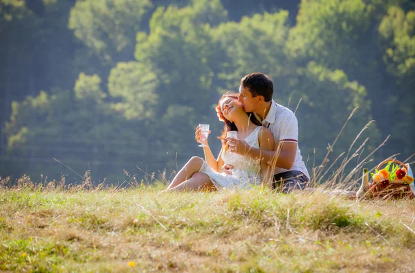 Feliz pareja atractiva exitosa celebrando juntos en el picni —  Fotos de Stock