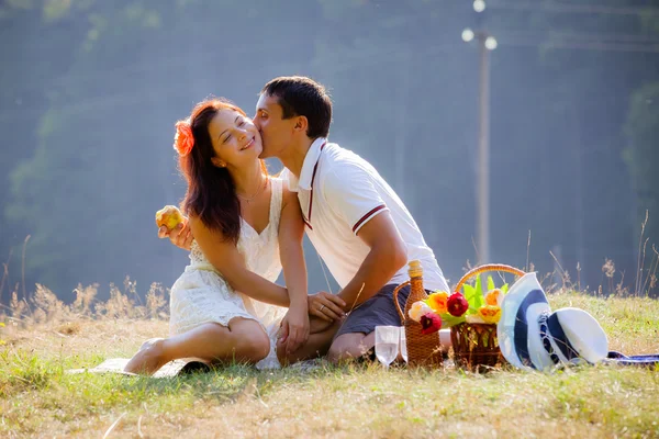 Feliz pareja atractiva exitosa celebrando juntos en el picni — Foto de Stock