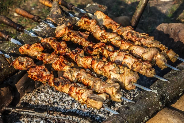 Juicy slices of meat with sauce prepare on fire (shish kebab — Stock Photo, Image