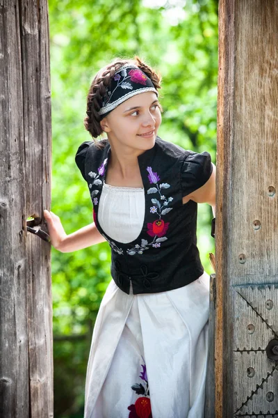 A szép magyar lány a nemzeti ruhák — Stock Fotó