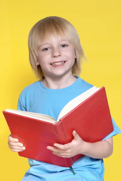 Portret van de mooie schooljongen op een gele achtergrond — Stockfoto