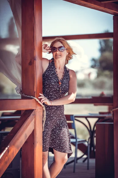 Women in cafe at sea — Stock Photo, Image