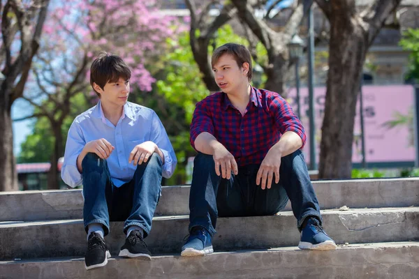 二人の兄弟が公園の階段に座る — ストック写真