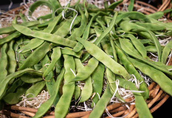 Baccelli Fagiolino Verde Cesto Vicino — Foto Stock