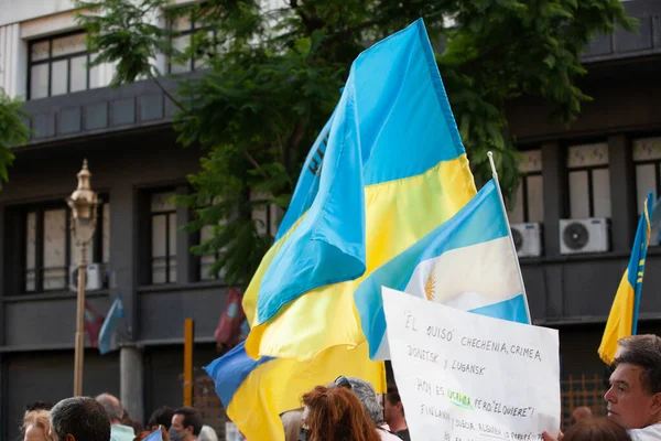 March 2022 Buenos Aires Argentina Flags March Support Ukraine Russian — Stock Photo, Image