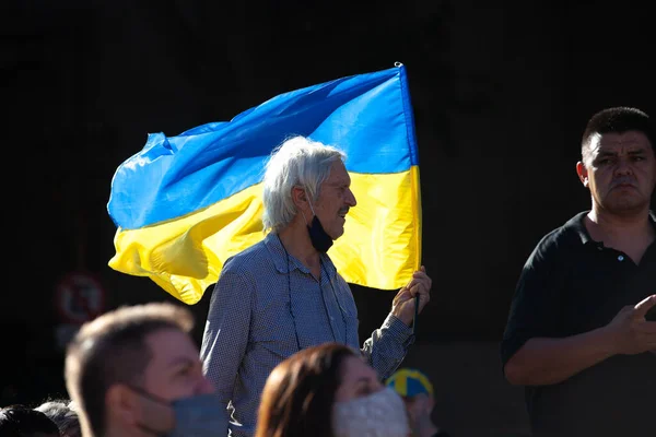 March 2022 Buenos Aires Argentina Flags March Support Ukraine Russian — Stock Photo, Image