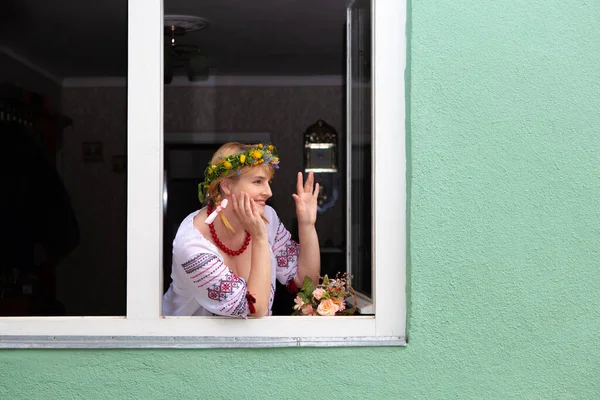 Portrait Ukrainian Woman National Clothes Window — Stock Photo, Image