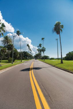 İki yönlü düz bir yol, kenarlarında palmiye ağaçları ve bulutlu mavi bir gökyüzü. Florida 'daki Atlantik Okyanusu boyunca otoban.