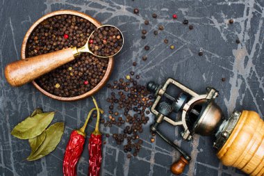 Klasik biber değirmeni, kırmızı ve siyah karabiber. Metin için boşluk. Yukarıdan görüntüle