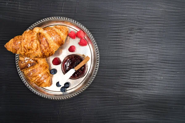 Healthy Breakfast Croissant Jam Chocolate Top View Space Text — Stock Photo, Image