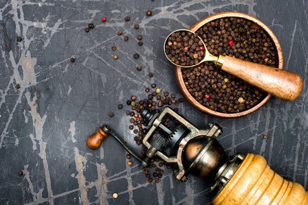 Pepper Mill Peppercorns Wooden Table Space Text — Stock Photo, Image