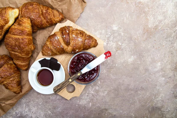 Healthy Breakfast Croissant Jam Chocolate Coffee Top View — Stock Photo, Image