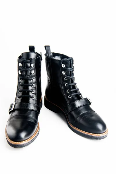 Couro Feminino Preto Elegante Demi Temporada Sapatos Planos Com Tiras — Fotografia de Stock