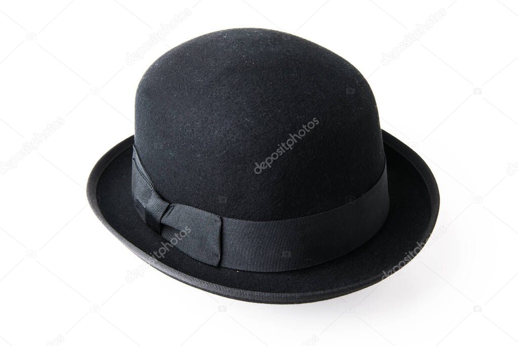 Black male bowler hat made of felt isolated on white background.
