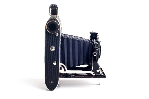 Vintage Opvouwbare Balgen Roll Film Camera Witte Achtergrond Zijaanzicht — Stockfoto