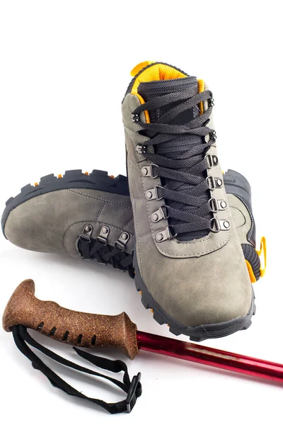 Hiking Boots Trekking Poles White Background — Stock Photo, Image