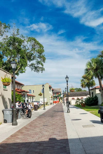 Street Historic City Augustine Ancient Houses Brick Sidewalk Palm Trees — Stock Photo, Image