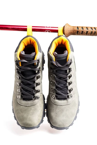 Hiking Gray Boots Hang Trekking Stick White Background — Stock Photo, Image