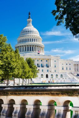 Washington 'daki Capitol Binası açık bir günde ve Meclis Kubbesi mavi gökyüzüne karşı