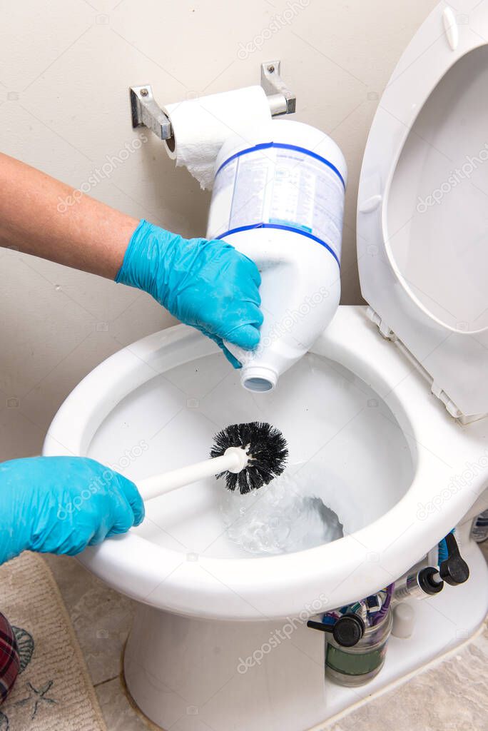 Woman cleaning the toilet bowl with a brush and detergent Cleaning the bathroom and sanitizing toilet. 
