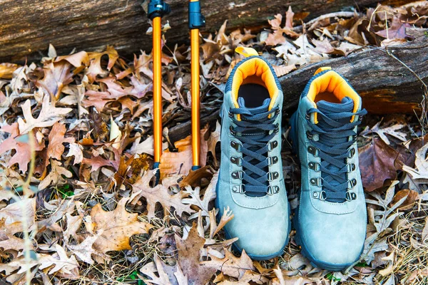 Mountain Boots Trekking Poles Autumn Foliage Forest Space Text — Stockfoto