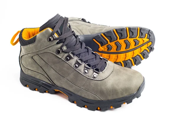 Pair Gray Leather Hiking Boots Yellow Soles White — Fotografia de Stock