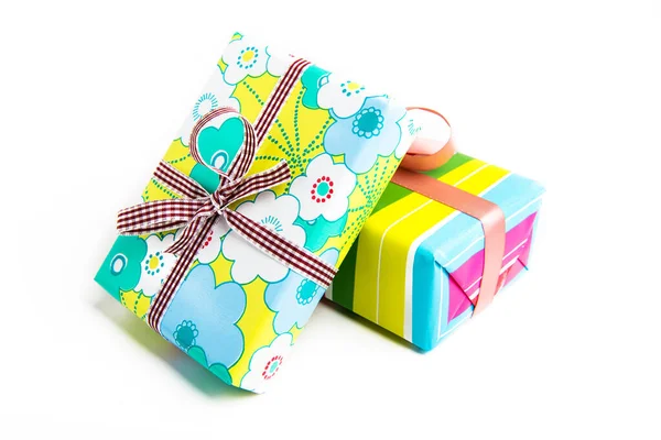 Two Different Gift Boxes Beautiful Elegant Package Bows White Background — Foto Stock