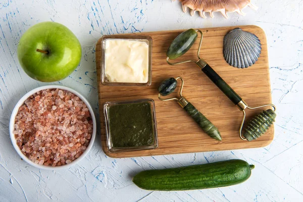 Set Natural Organic Spa Cosmetics Apple Cucumber Bath Salt Face — Stockfoto