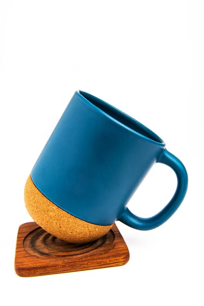 Thermo Mug Cork Bottom Wooden Stand Isolated White Background — Stockfoto