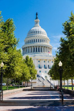 View of the steps, the Capitol dome and the blue sky in Washington DC on a summer day.