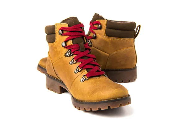 Yellow Winter Women Walking Boots Red Laces White Background — Stockfoto