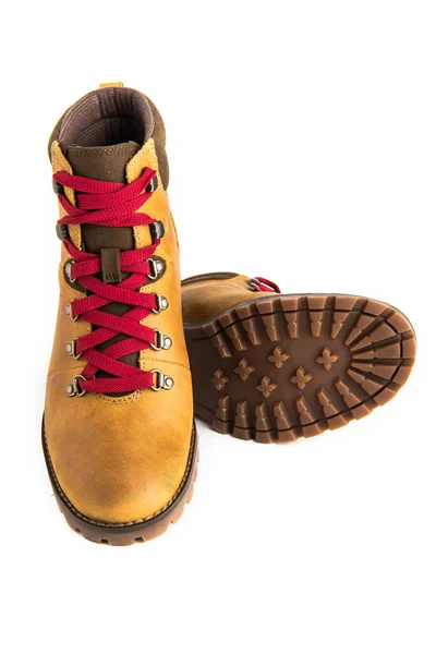 Yellow Winter Women Walking Boots Red Laces White Background — Fotografia de Stock