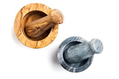 wood and stone mortar and pestle. on white background.