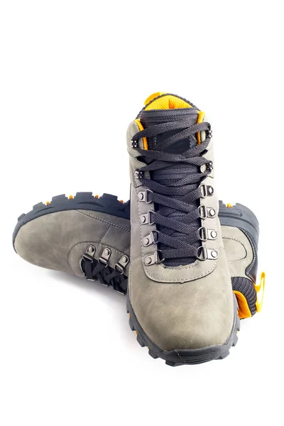 Gray Hiking Boots Isolated White Background Made Leather Waterproof Breathable — 图库照片