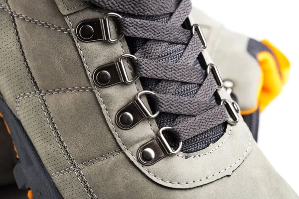 Gray Hiking Boots Leather Breathable Membrane Close Lacing Details —  Fotos de Stock