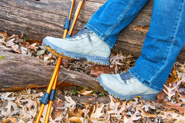 Legs Trekking Boots Log Autumn Forest Hiking Travel Equipment Rest — Stock Fotó