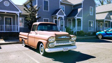 Leesburg. Virginia. USA. June 10th. 2020.Vintage Chevrolet truck in the parking lot. A restored collector's car from the fifties.