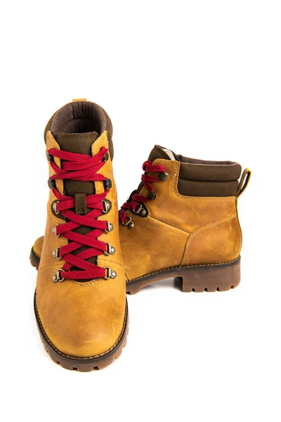 Yellow Winter Women Walking Boots Red Laces White Background — стоковое фото