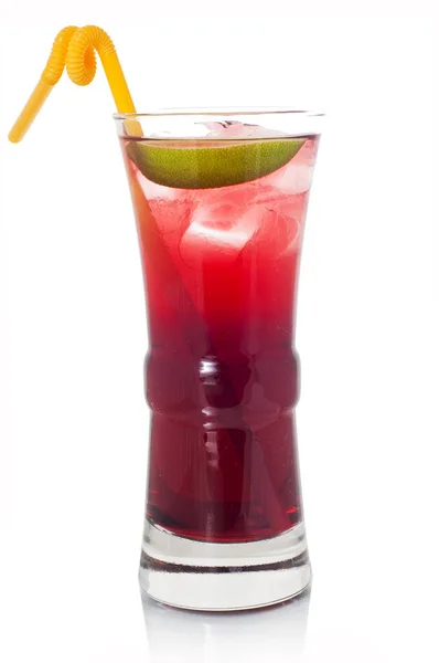 Red Alcoholic Cocktail Yellow Straw Lime White Background — Stock Photo, Image