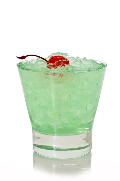 Green Alcoholic Shot Glass Absent Ice Cherry Liquor White Background — Stock Photo, Image