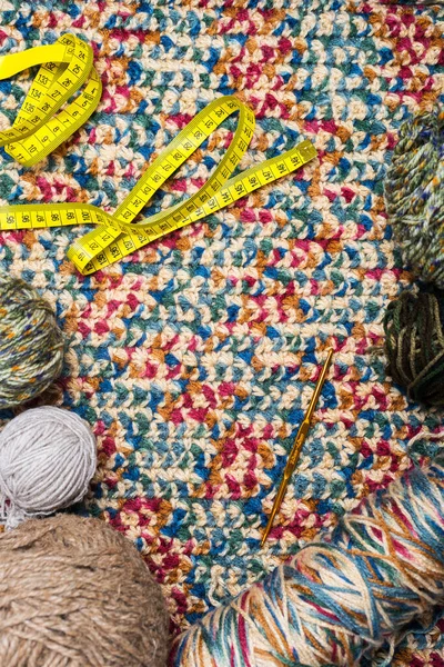 Ensemble Accessoires Crochet Sur Tricot Trouvent Des Boules Laine Crochet — Photo