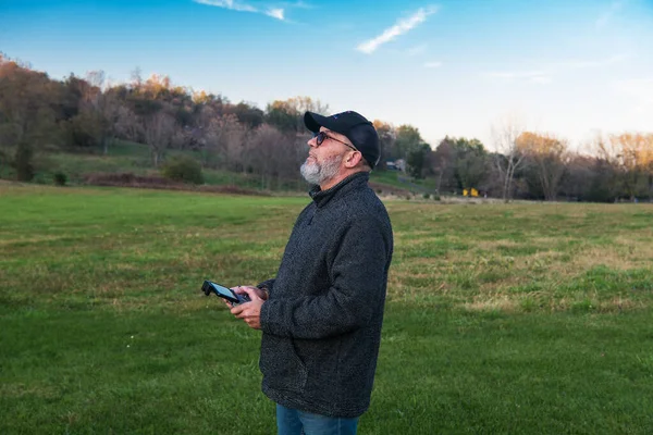 Adult Man Launches Drone Nature Watching Flight Remote Control His — Stock Photo, Image