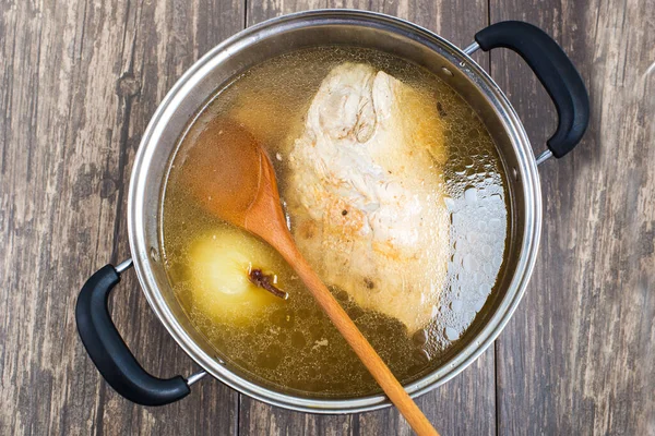 Fresh Rich Meat Broth Castrable Wooden Table View — Stock Photo, Image