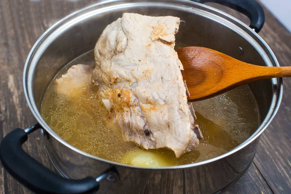Cook Hand Takes Out Boiled Meat Pan Meat Broth — Stock Photo, Image