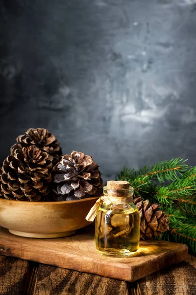 Cedar Spruce Essential Oil Small Glass Bottle Wooden Background Space — Stock Photo, Image