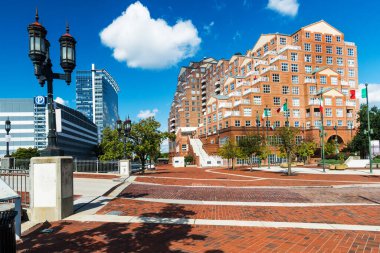 Baltimore Körfezi rıhtımında modern binalar ve tuğla kaldırımlar.