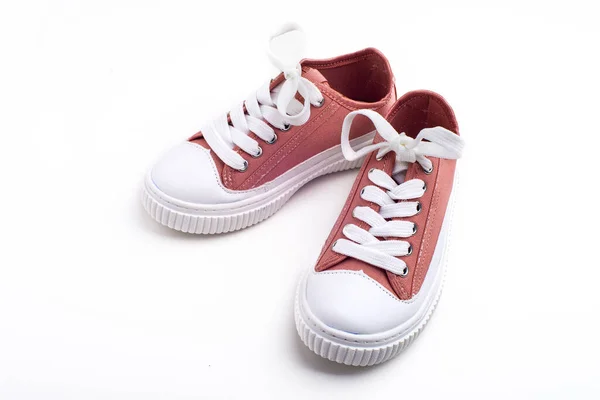 Παιδικά Ροζ Sneakers Λευκή Σόλα Και Κορδόνια Από Κοντά Απομονωμένο — Φωτογραφία Αρχείου