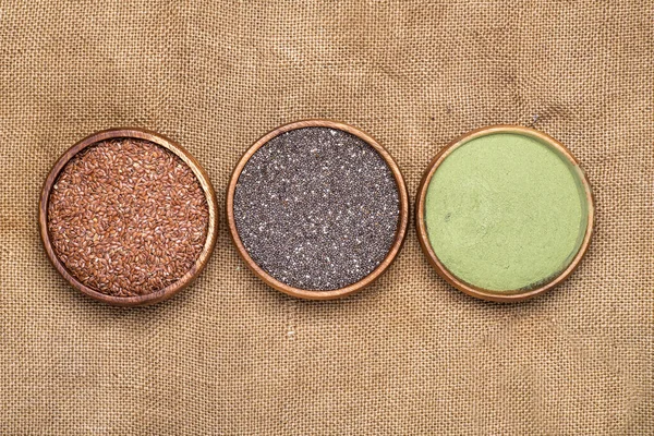 Flax Seeds Super Green Powder Chia Seeds Wooden Bowls Burlap — Stock Photo, Image