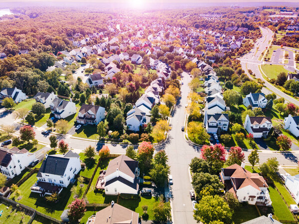Top down view of typical country estates in Virginia, USA. Autumn landscape at sunset.