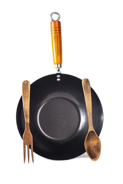 Grote Zwarte Wok Voor Koken Met Houten Handvat Met Lepel — Stockfoto